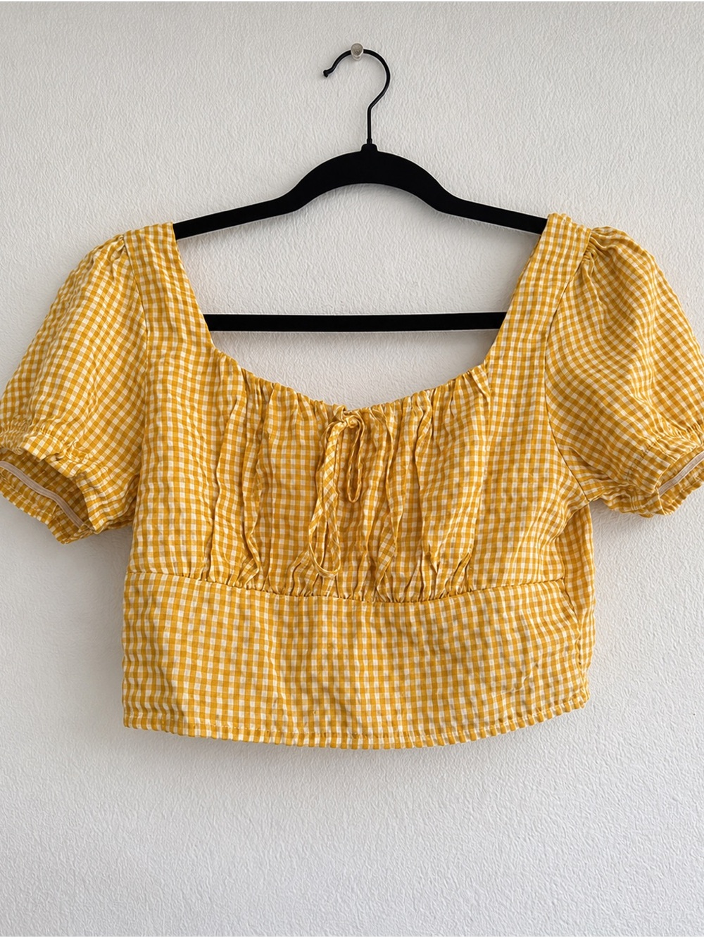 Nasty Gal Yellow Gingham Tie-Front Puff Sleeve Crop Top